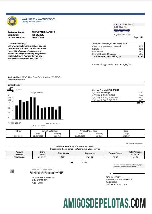 Para baixar modelo de conta de serviços públicos do serviço de água de Washington dos EUA em formatos Word e PDF